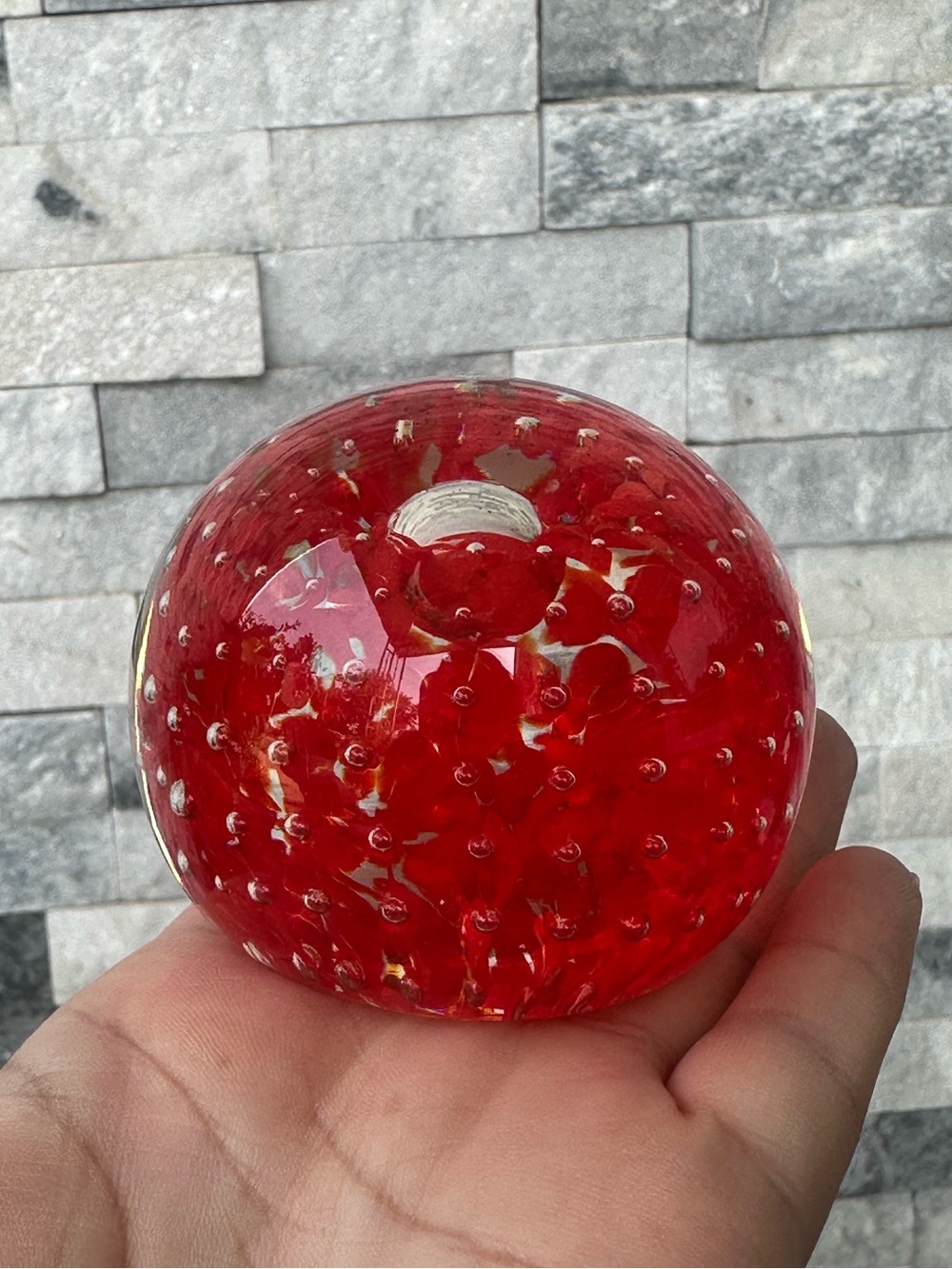 Art Glass Paperweight Red Bubble Murano Style Floral Round Dome